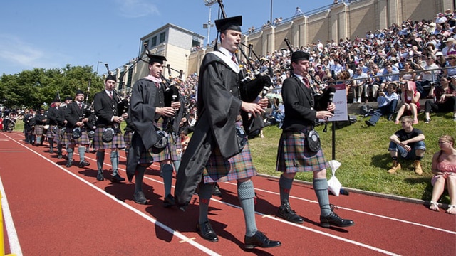 bagpipes marching and performing at commencement