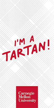 I'm a Tartan! with a white tartan background and the CMU wordmark in a square.