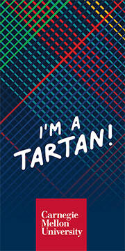I'm a Tartan!, tartan pattern, and CMU wordmark in a square.