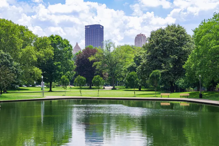 View of downtown Pittsburgh from a park.