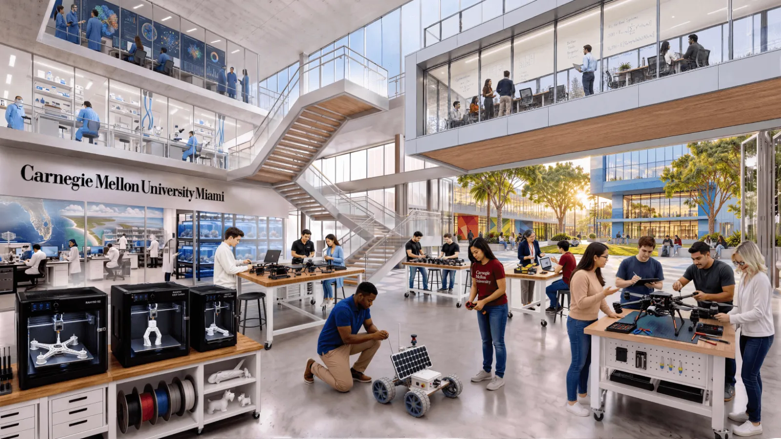 Bright, modern Carnegie Mellon University Makerspace rendering with students collaborating in the robotics lab, building and testing a small rover beneath an open mezzanine; innovative, welcoming atmosphere.
